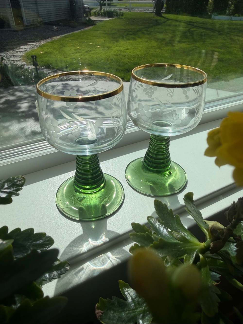 🍷Vintage Green Stem Etched Glasses with Gold Rim - Set of 2